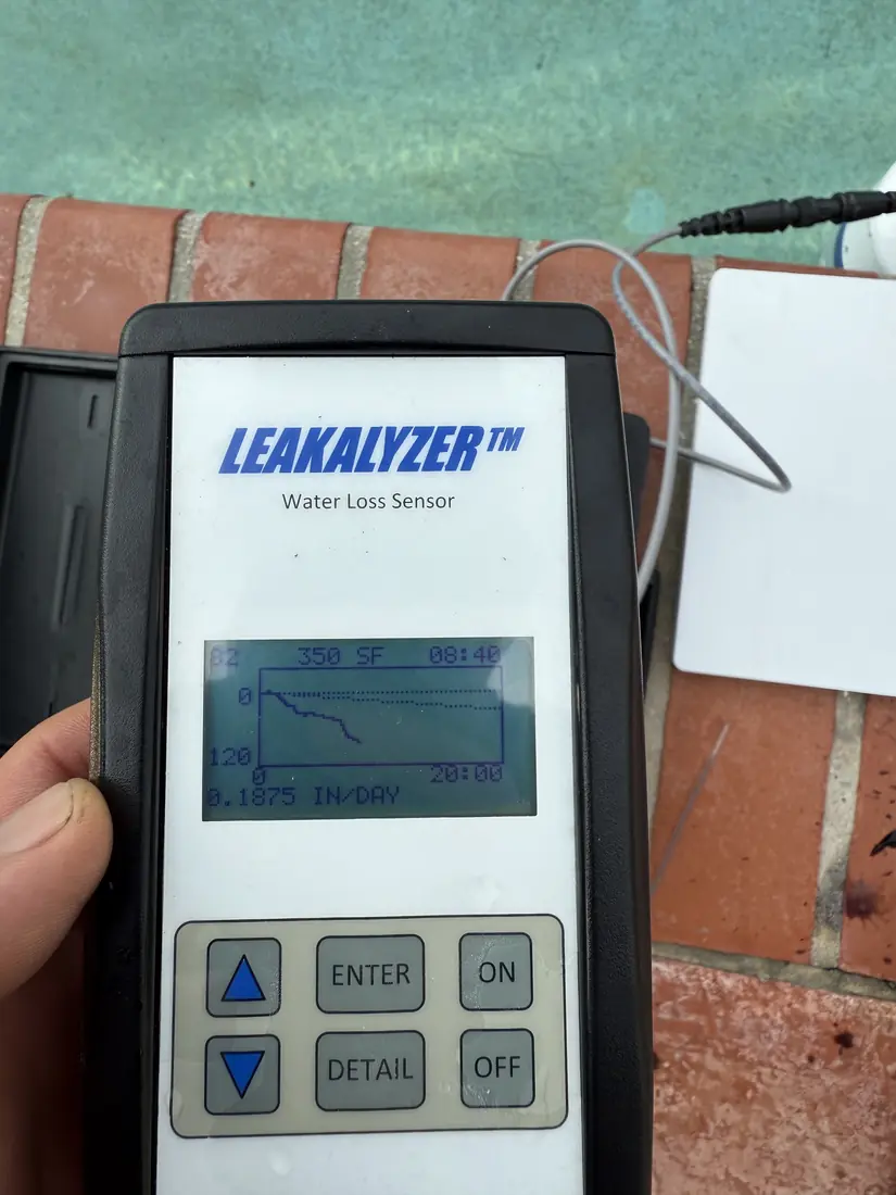 Leakalyzer water-loss sensor in a LeakPro technician's hand at a pool